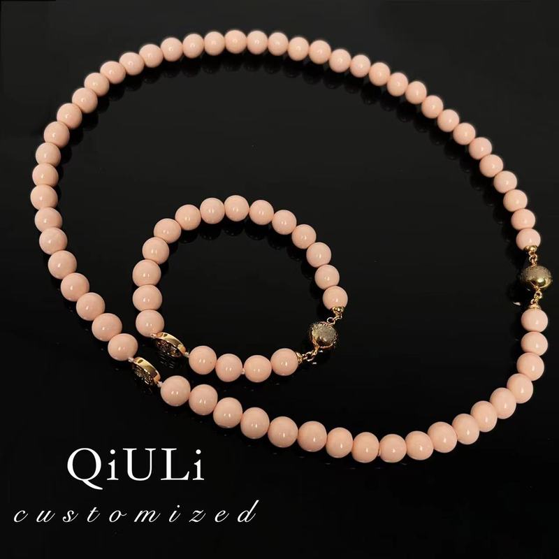 合金耳饰 QIU LI · 【C】法式国风粉色珠珠耳钉项链 1h3404