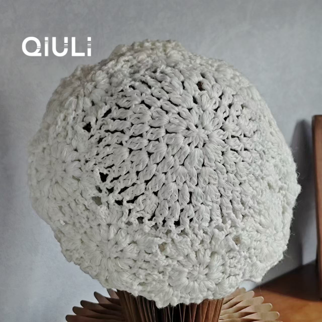 秋冬新款纯白色毛线手工编织花纹包头贝雷帽  1d2041