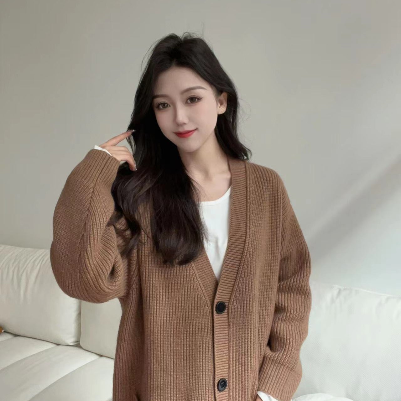 秋冬季氛围感美拉德穿搭气质牦牛绒慵懒风开衫大衣  雪雪1540