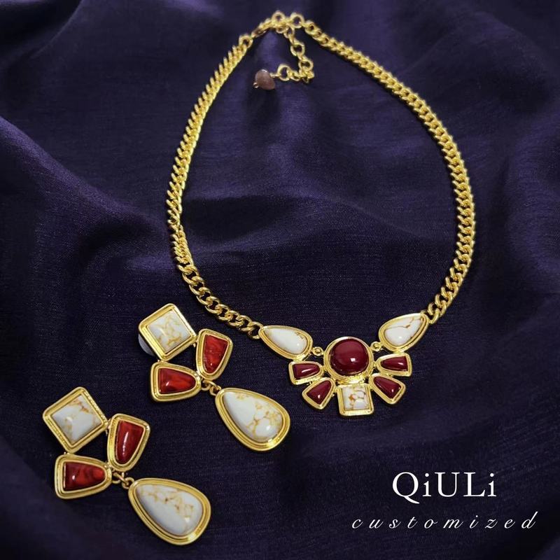 合金项链 QIU LI・西洋经典中古蝴蝶结糖果红白项链/耳钉1h3556