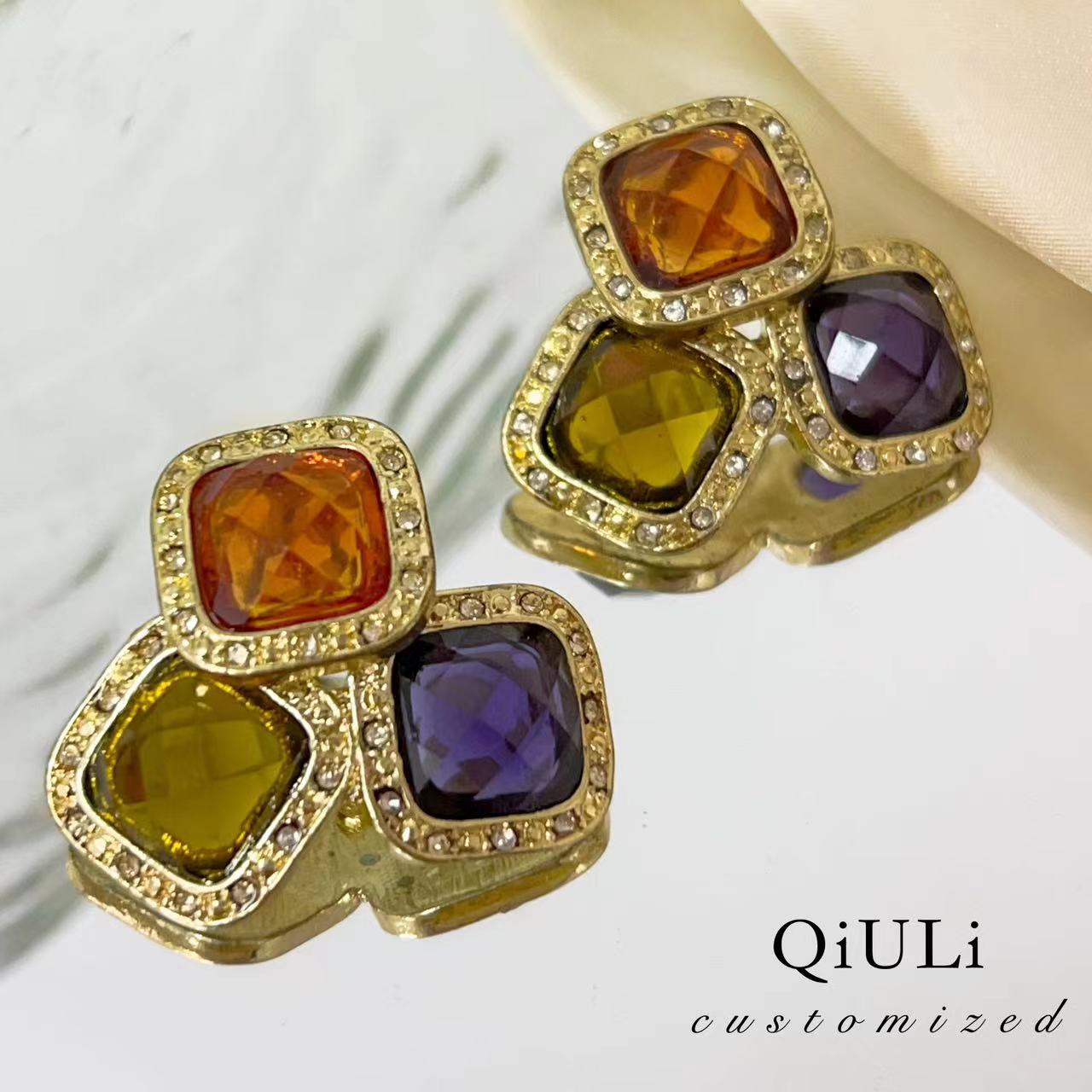 合金耳饰 QIU LI · 「繁花系列」中古莫奈方形巴特罗幻彩耳钉1h3613