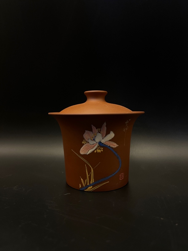 建水紫陶 紫泥复烧泥绘款 盖碗