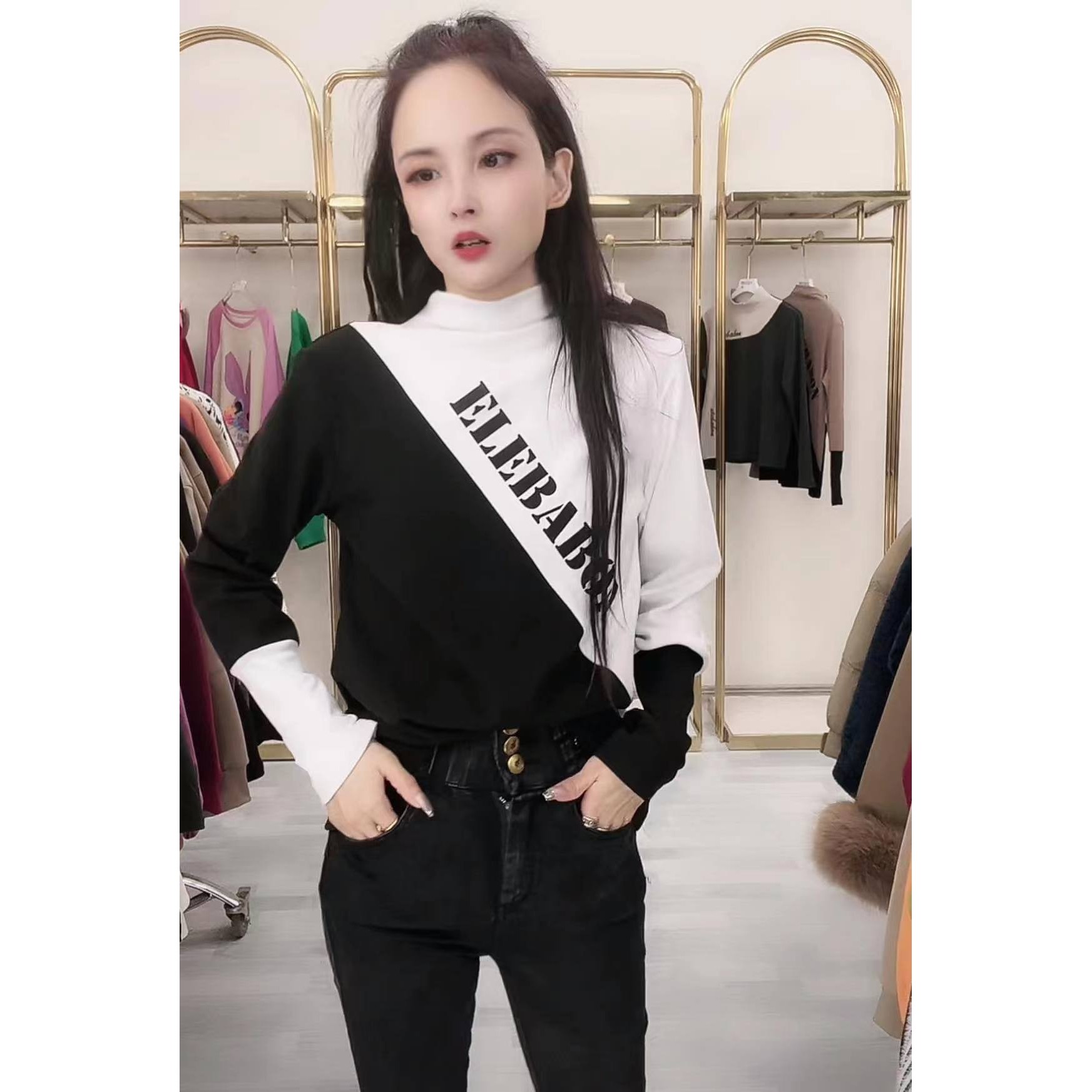 elebabon/芭波象DR0084-新款潮流双面德绒百搭休闲圆领女装加厚