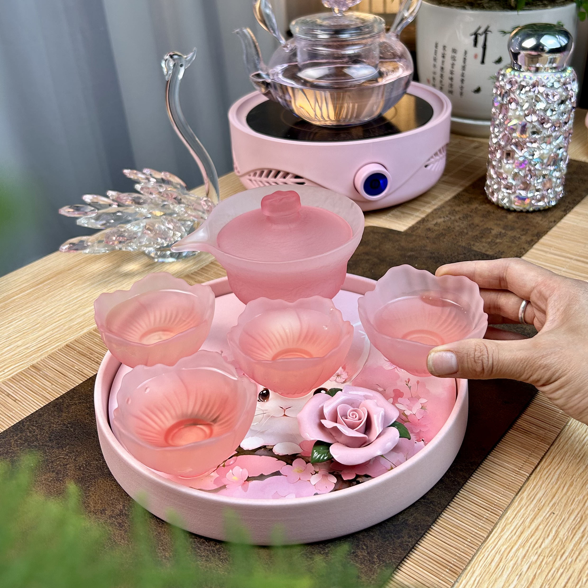 网红茶具全套耐热防烫玻璃小套装高端捏花粉色泡茶器带茶盘家用装