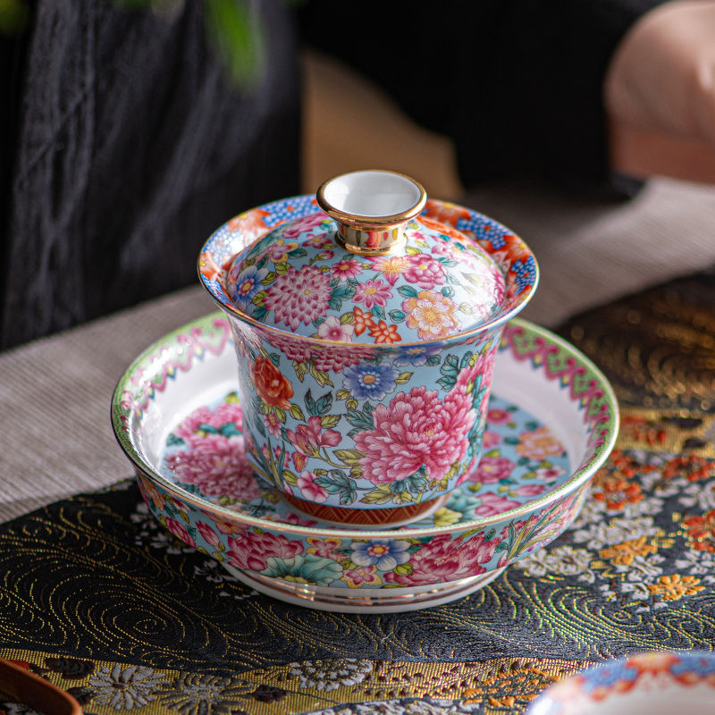 珐琅彩盖碗国潮风万花陶瓷三才碗家用功夫茶具防烫手抓泡茶器敬茶