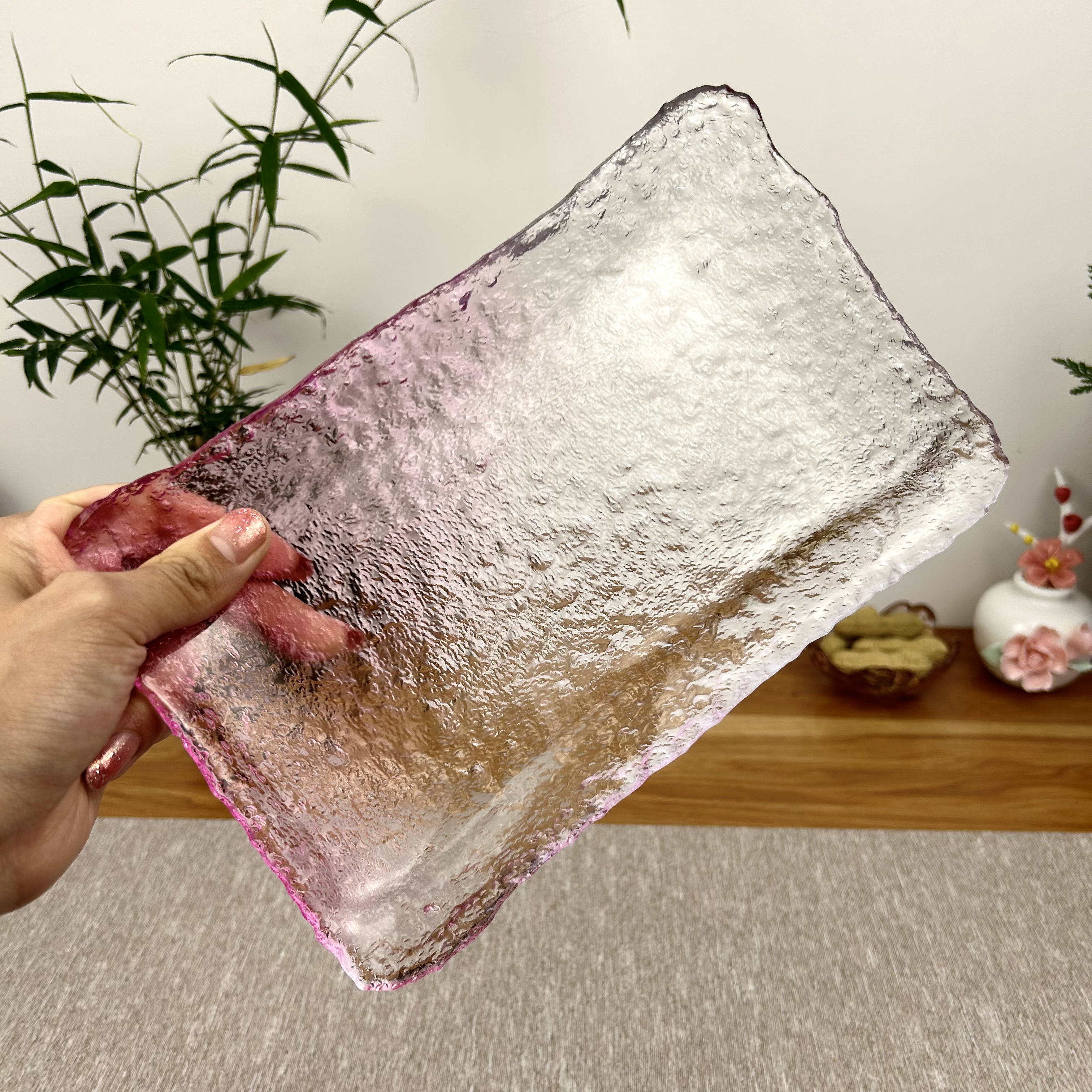 冰露粉色茶盘加厚干泡茶台水晶透明长方形水果盘创业茶点零食盘子