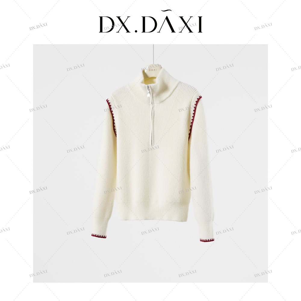 代大喜【奶酪圈圈】撞色设计感立领休闲百搭米色针织衫冬季新款毛衣
