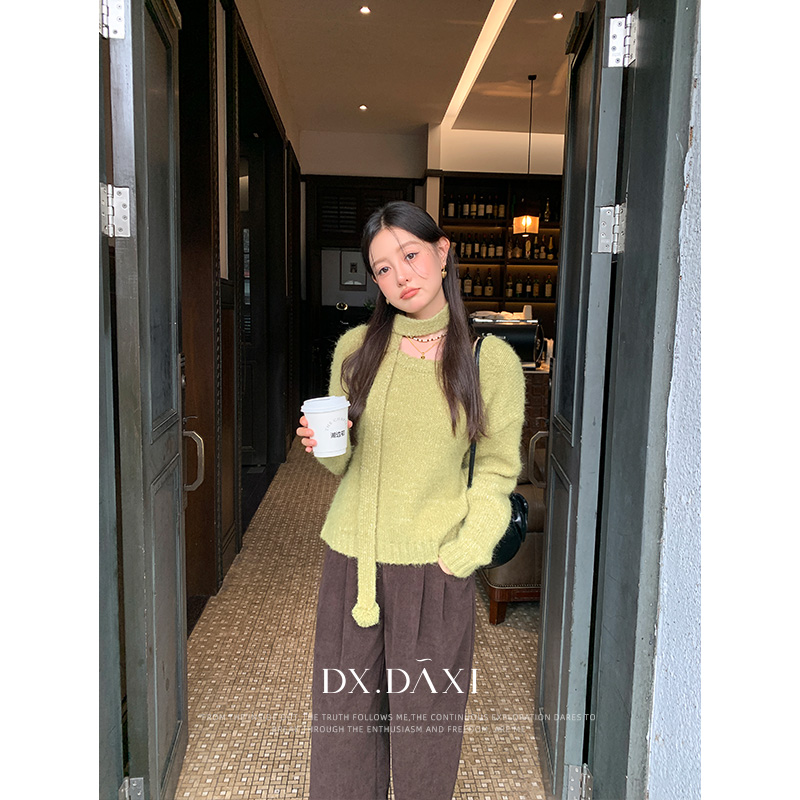 代大喜【捡秋日记】宽松慵懒圆领飘带上衣绿色秋季新款毛衣针织衫