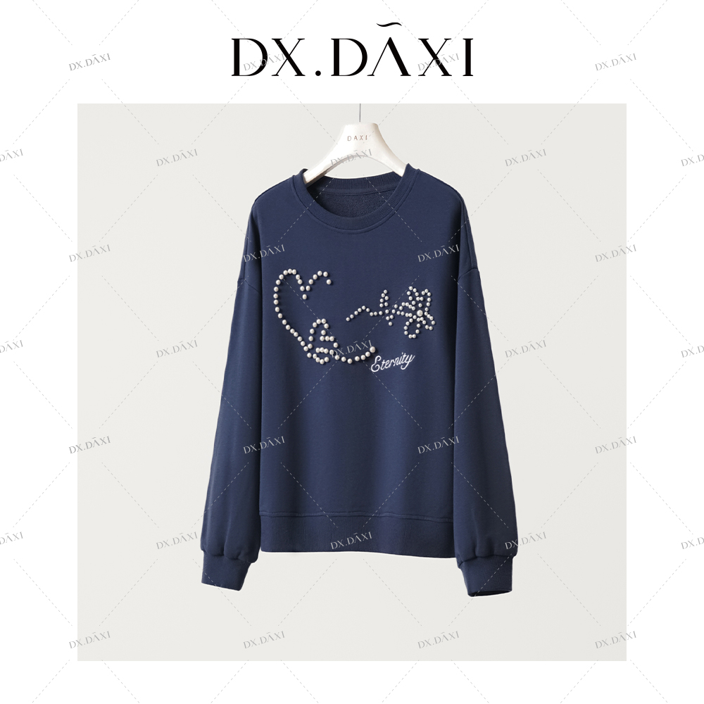 代大喜【爱意永恒】圆领宽松套头钉珠卫衣秋新款休闲百搭长袖上衣