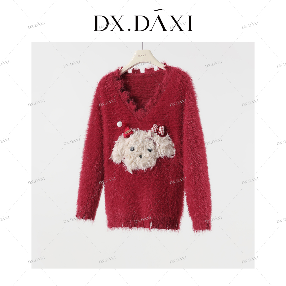 代大喜【发财小狗】复古慵懒版上衣百搭宽松破洞毛衣冬季新款针织衫