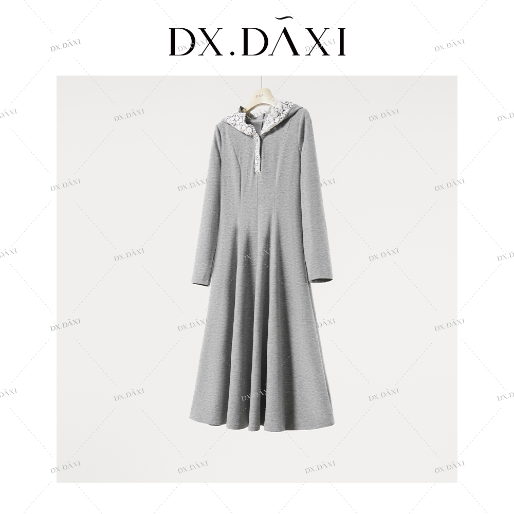 代大喜【奶油贝贝】温柔气质蕾丝连帽休闲宽松连衣裙冬季新款中长裙