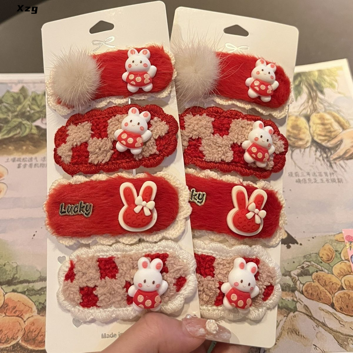 酒红色福气小兔发夹新年头饰BB夹喜庆侧边刘海夹过年发卡发饰品