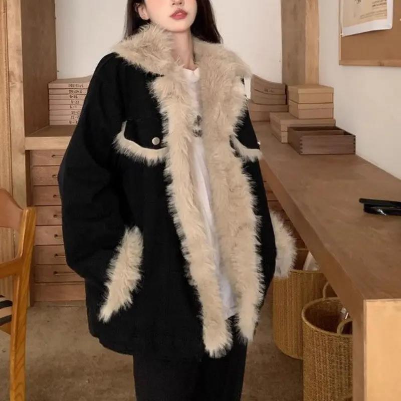 加绒加厚宽松中长款棉衣棉服冬季新款复古拼接黑色毛毛牛仔外套女