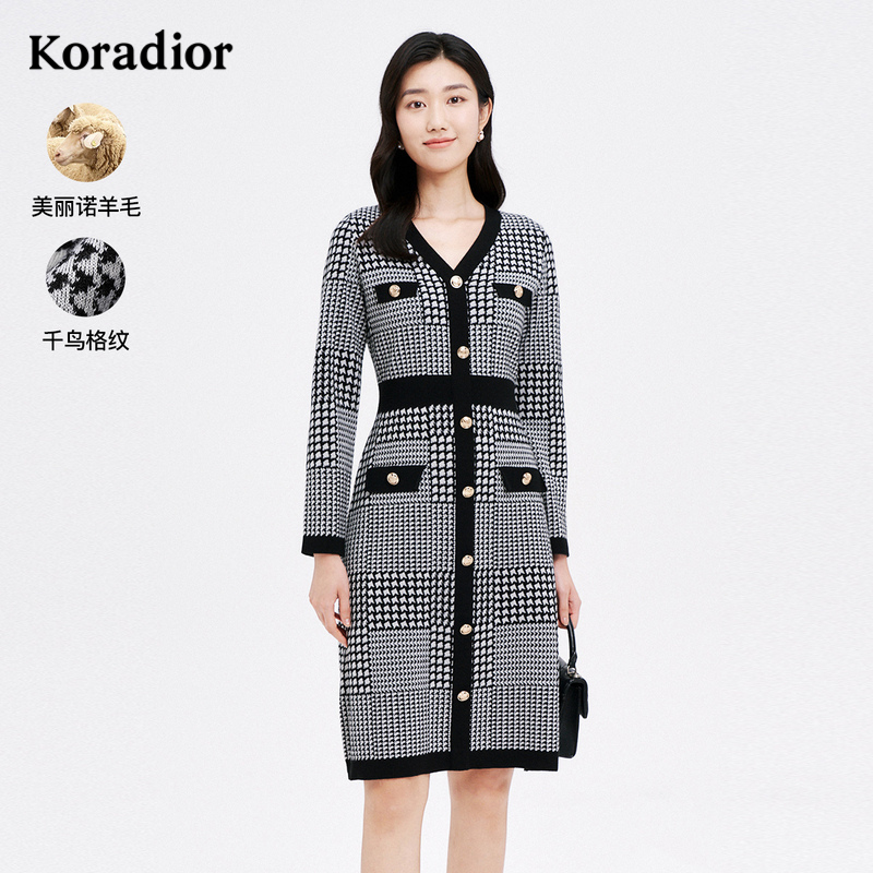 【koradior】珂莱蒂尔香风针织长袖V领千鸟格羊毛连衣裙KF08046W0