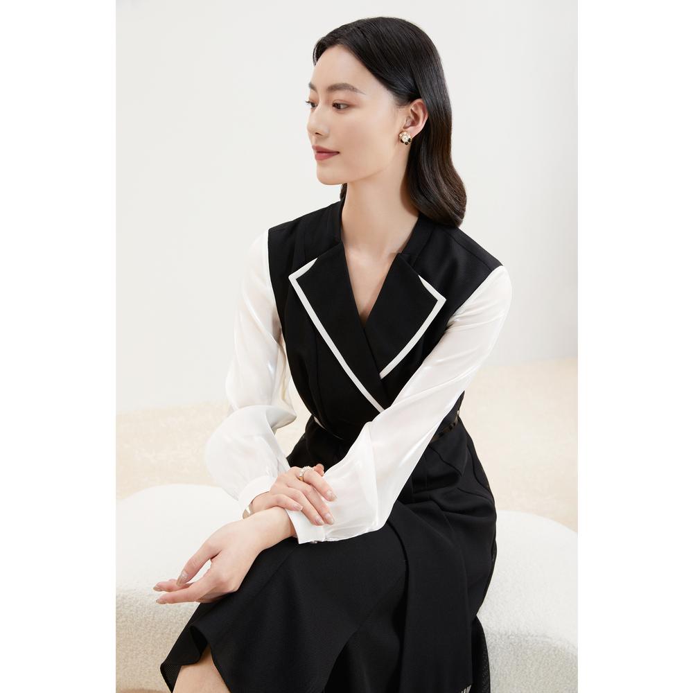 珂莱蒂尔黑色高级优雅法式西装连衣裙中长款拼接设计感KF07627W0