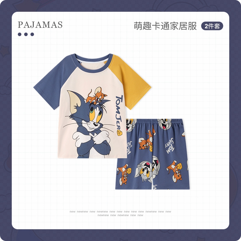 男孩睡衣夏季儿童纯棉短袖短裤薄款男孩2024年夏款猫和老鼠家居服