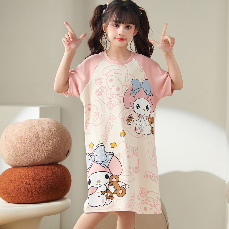 春夏季儿童睡裙纯棉短袖大童女孩美乐蒂宝宝小公主家居服女童睡衣