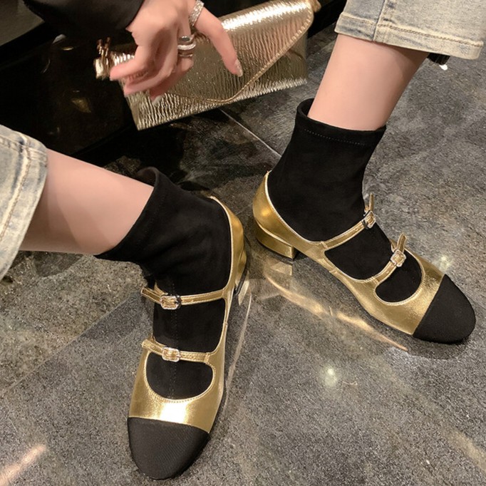 工厂直供复古圆头粗跟拼色小香风玛丽珍鞋瘦瘦靴真皮法式靴女春秋