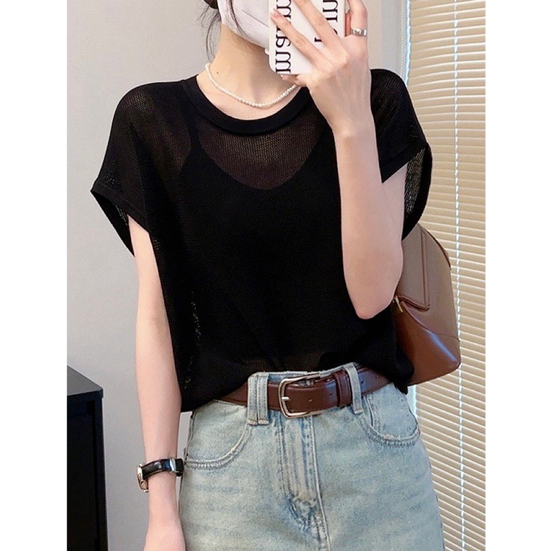 设计感后背镂空冰丝针织衫夏季洋气微透冰丝打底衫短袖t恤上衣女