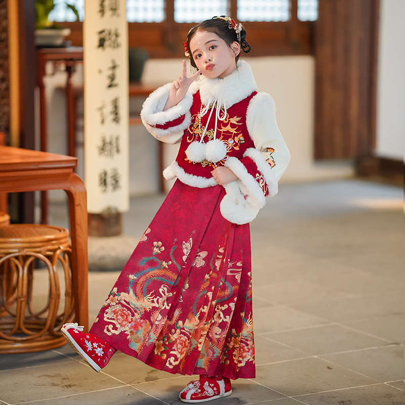 女童冬季汉服连衣裙儿童新中式国风马面裙套装女孩洋气公主裙唐装