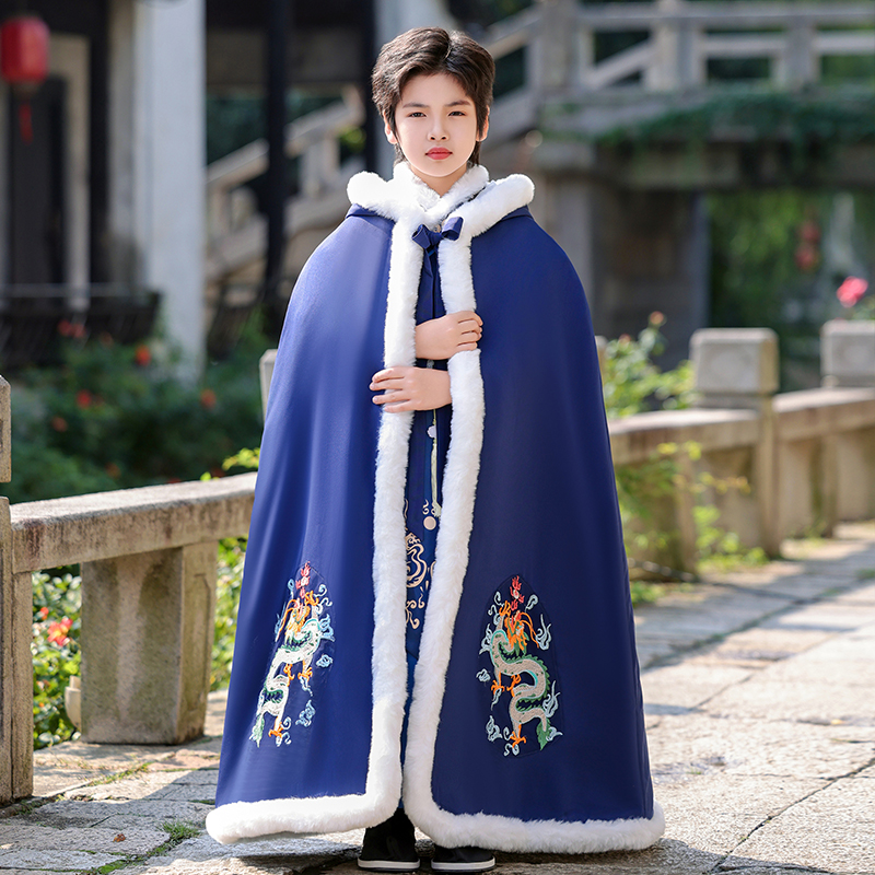 披风斗篷汉服男童中国风冬季外出挡风防寒夹棉加厚防风带帽汉服