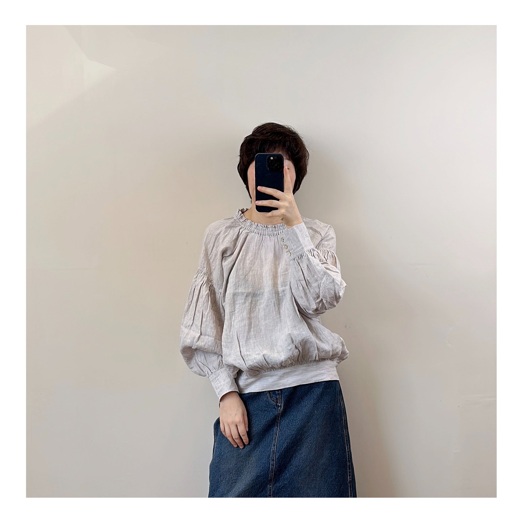 法式条纹麻质花边领口衬衫