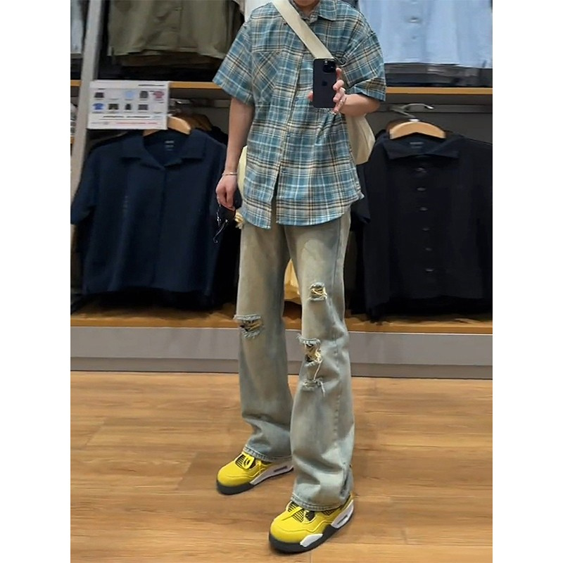 复古蓝破洞牛仔裤男款春秋新款美式vibe裤子直筒高个子显瘦微喇裤