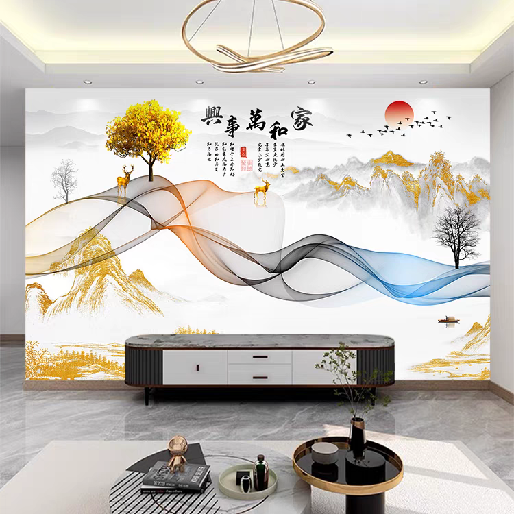 大气新款中式水墨山水画壁纸3d立体壁画客厅电视背景墙墙纸8D墙布