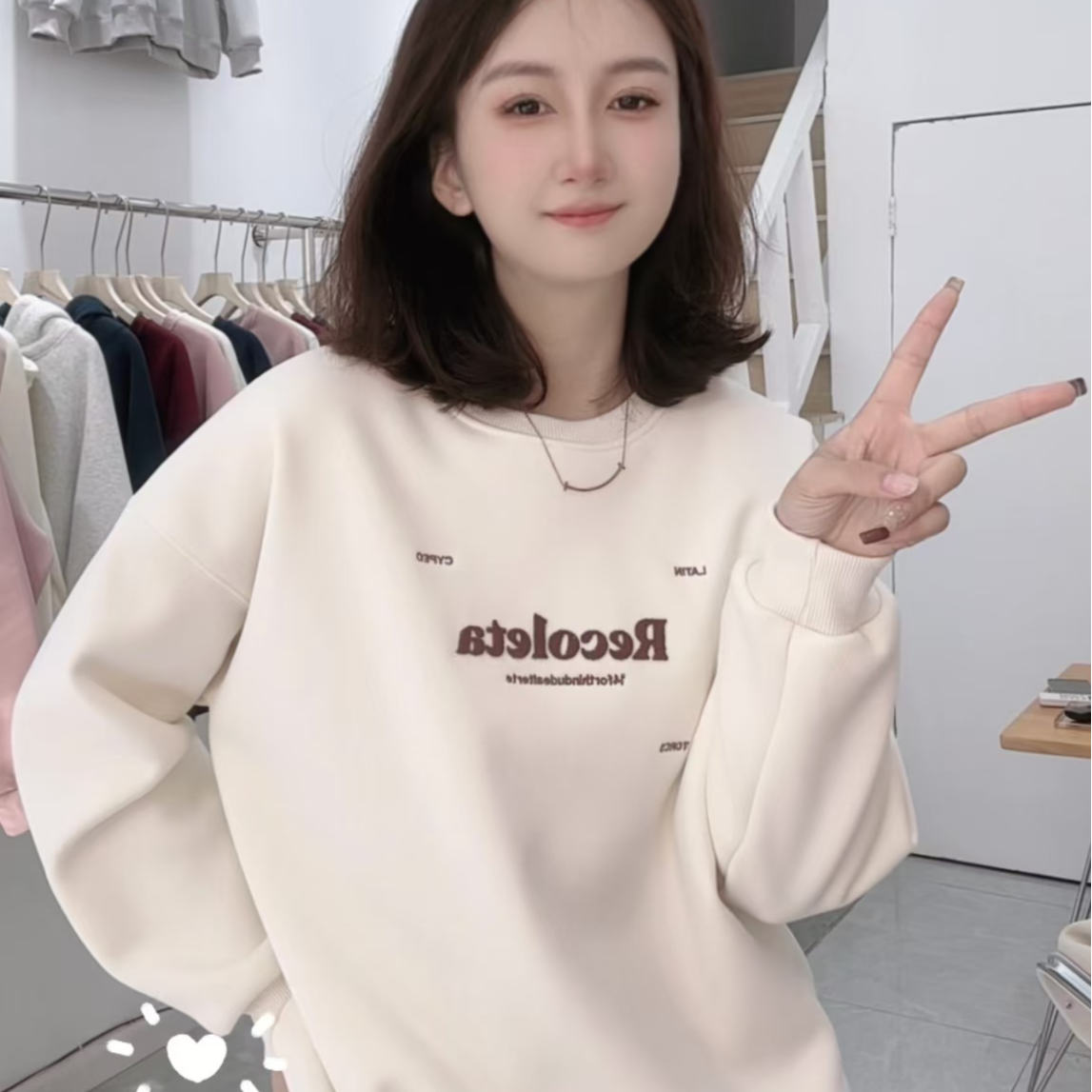 小桠家-2025冬季新款加绒卫衣刺绣Recole-休闲时尚百搭-圆领卫衣
