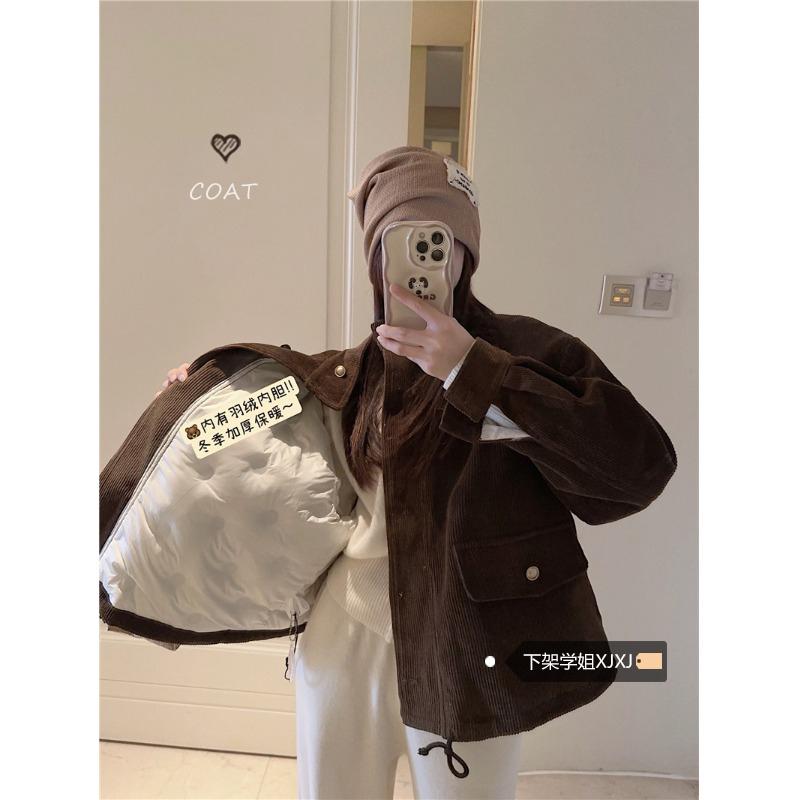 灯芯绒加厚保暖棉服外套女冬季2023新款复古设计感美拉德立领棉衣