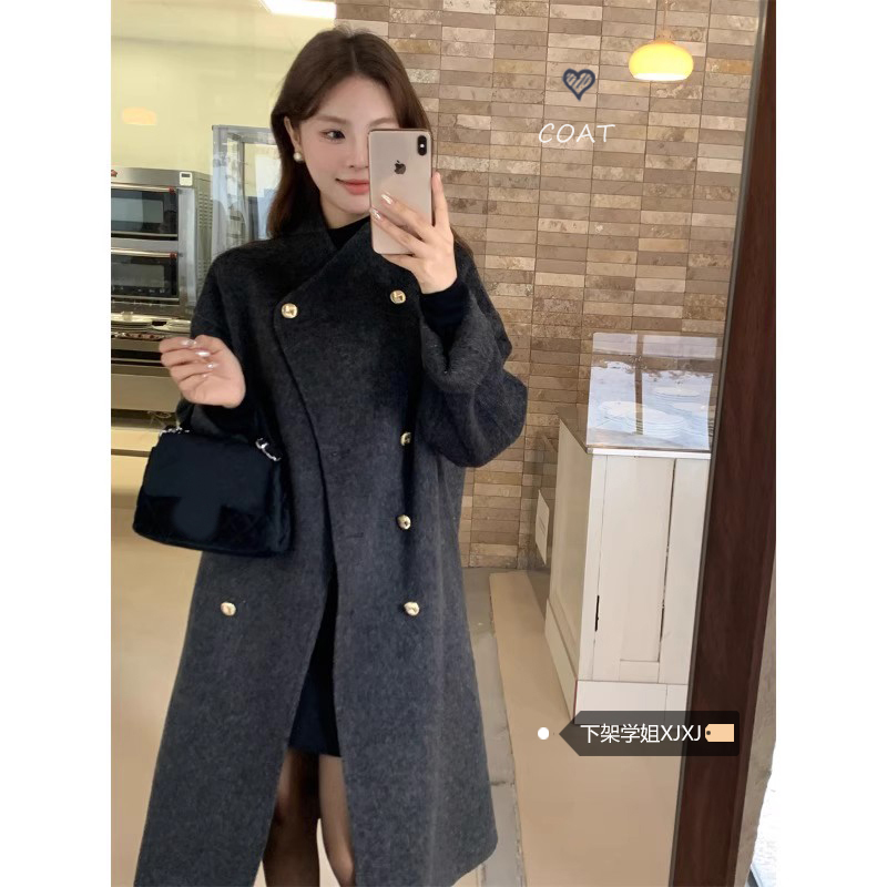 简约深灰色毛呢外套女冬季2023新款双排扣过膝中长款夹棉呢子大衣