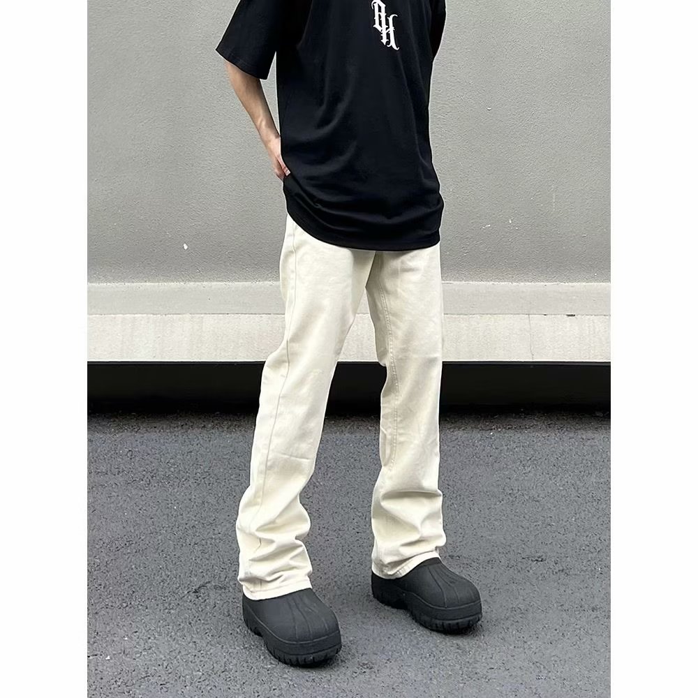 美式高街vibe杏色直筒牛仔裤男夏季ins潮cleanfit微喇马吉拉西裤