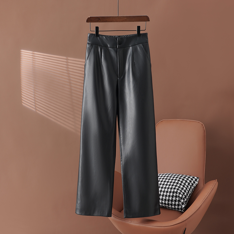 【久久子】真皮裤女2024秋季新款高腰九分裤绵羊皮宽松裤直筒皮裤