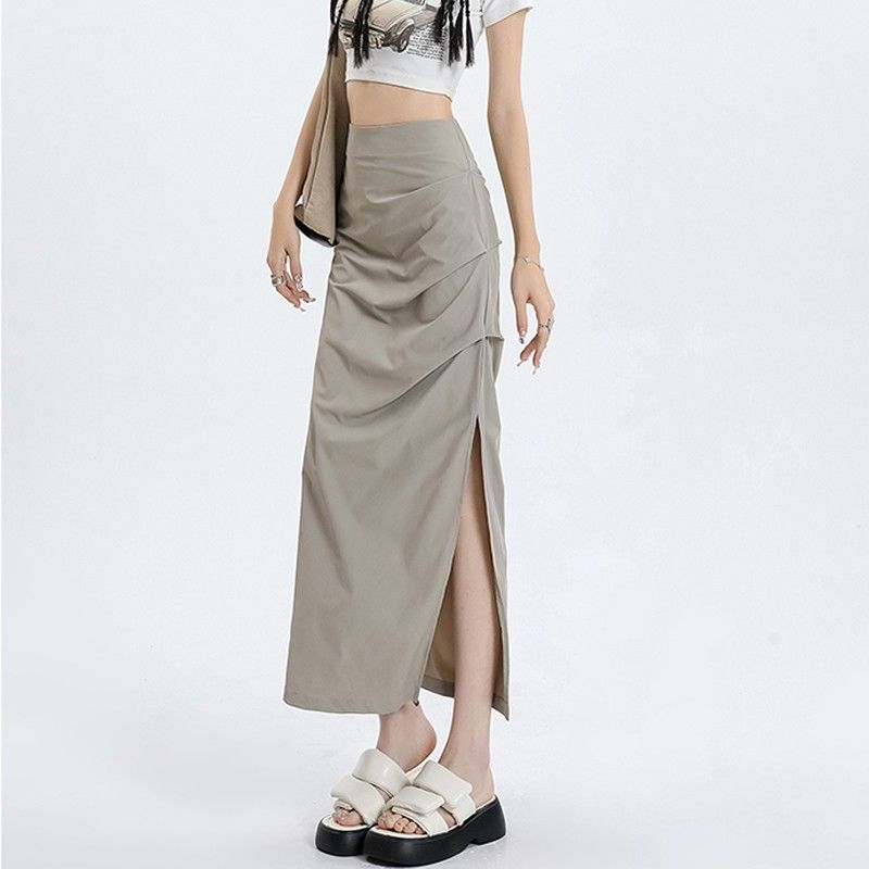 秋冬2024新款修身显瘦开叉辣妹褶皱裙子高腰包臀长裙工装半身裙女