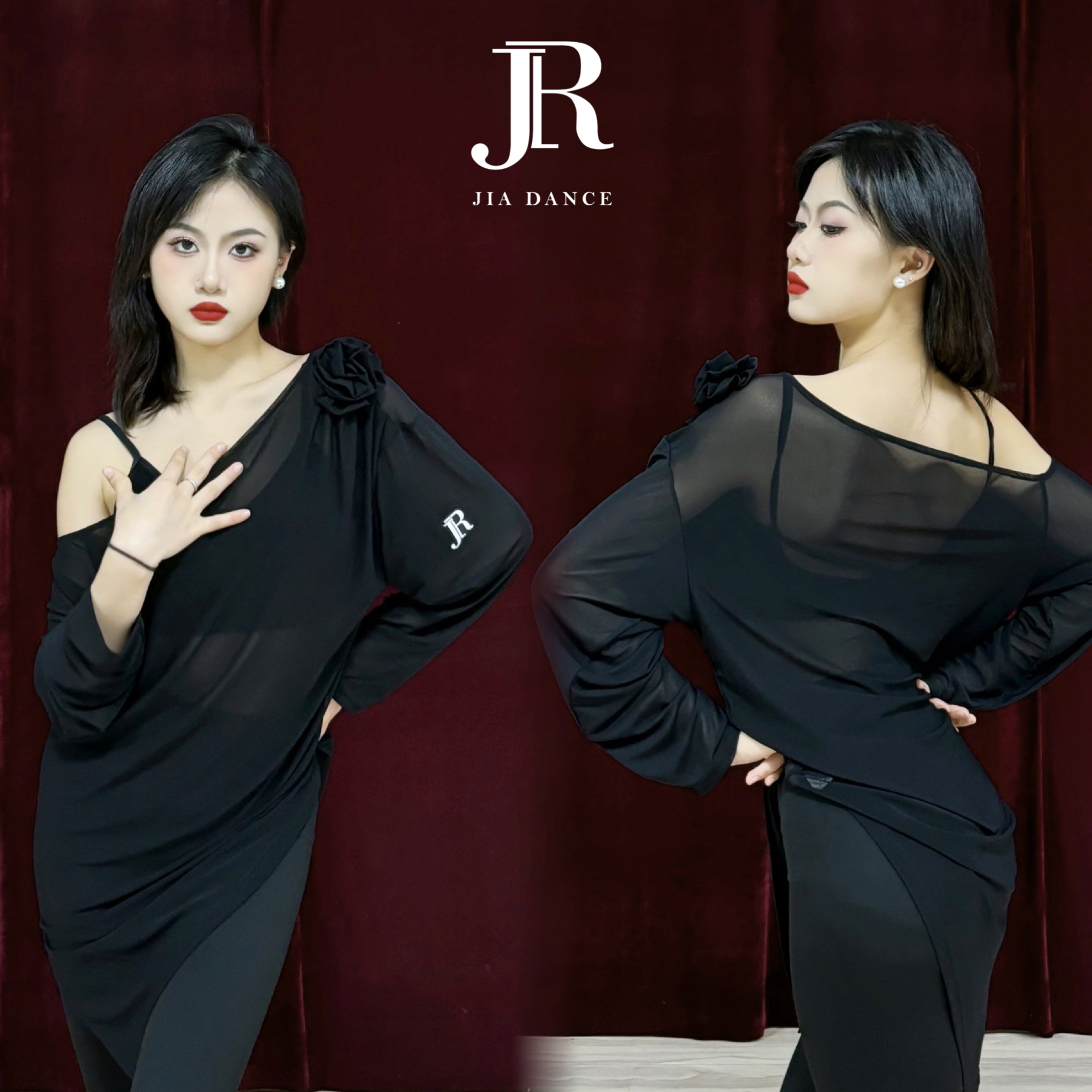 JIA DANCE斜肩网纱长袖拉丁舞大衫露肩遮肉显瘦练功服连衣裙R153