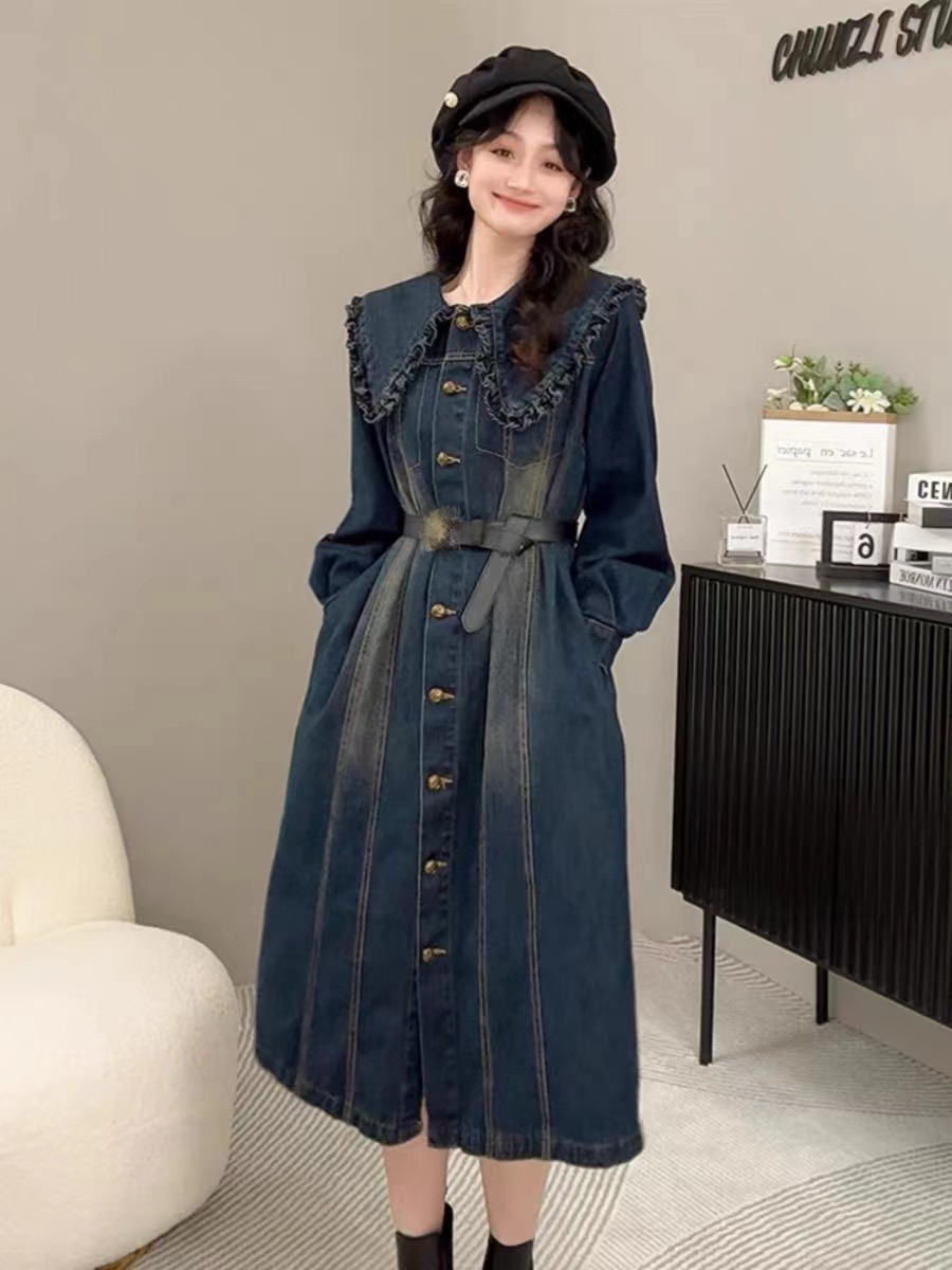 连衣裙新款早秋减龄时尚中长款长袖裙子女复古蓝色娃娃领牛仔