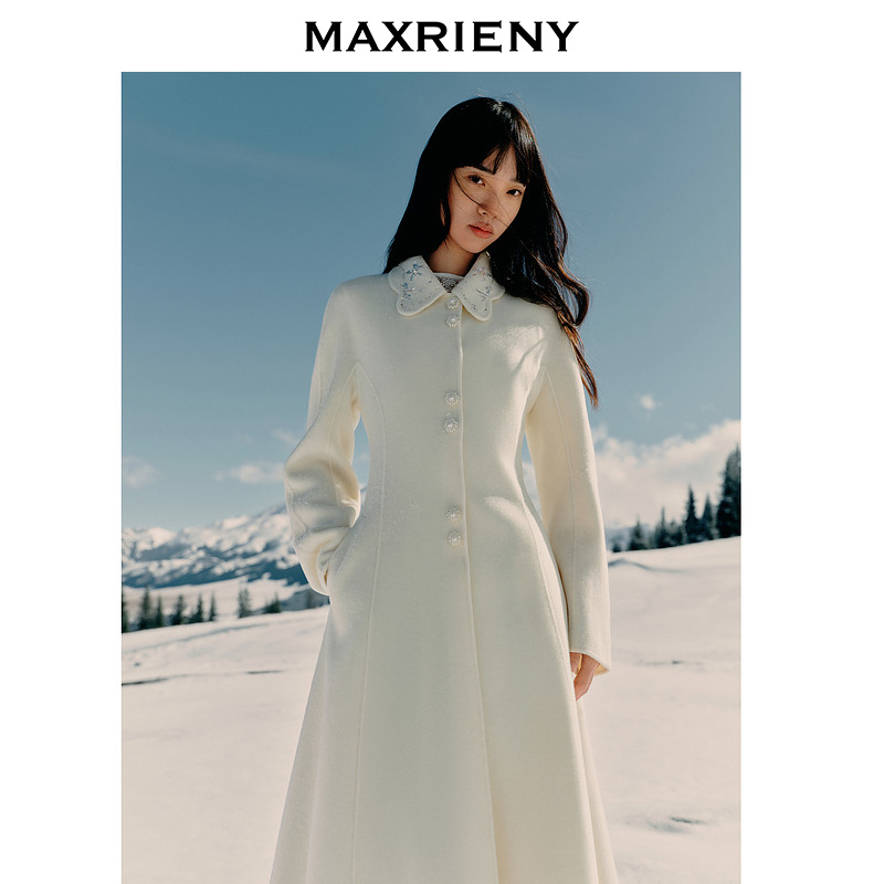 MAXRIENY极简赫本风羊毛大衣女秋新款法式复古中长款伞摆外套