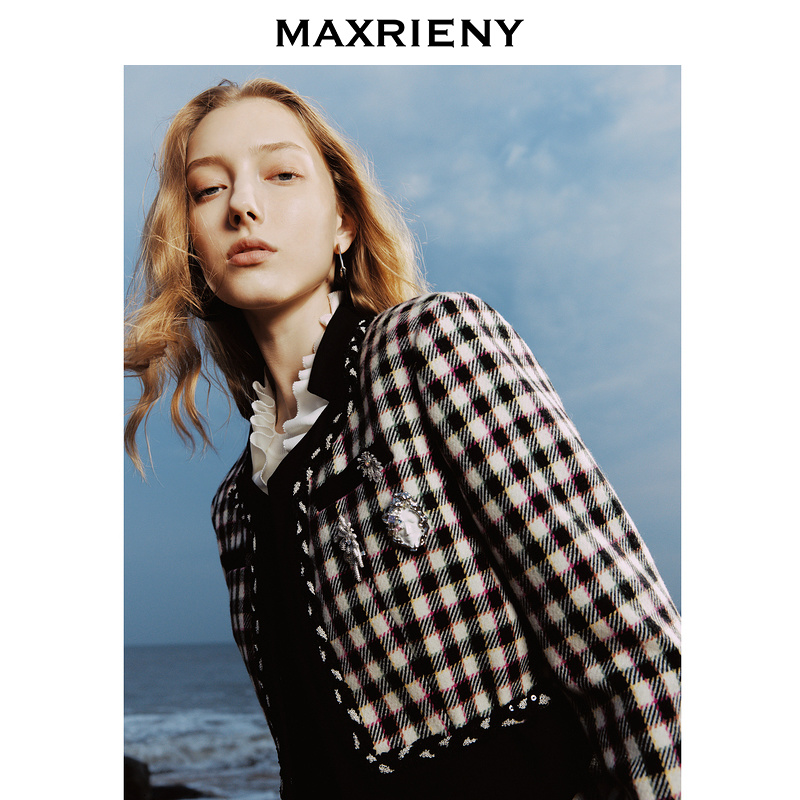 【达人专属】MAXRIENY花火宫廷外套羊毛混纺格纹女外套小香风