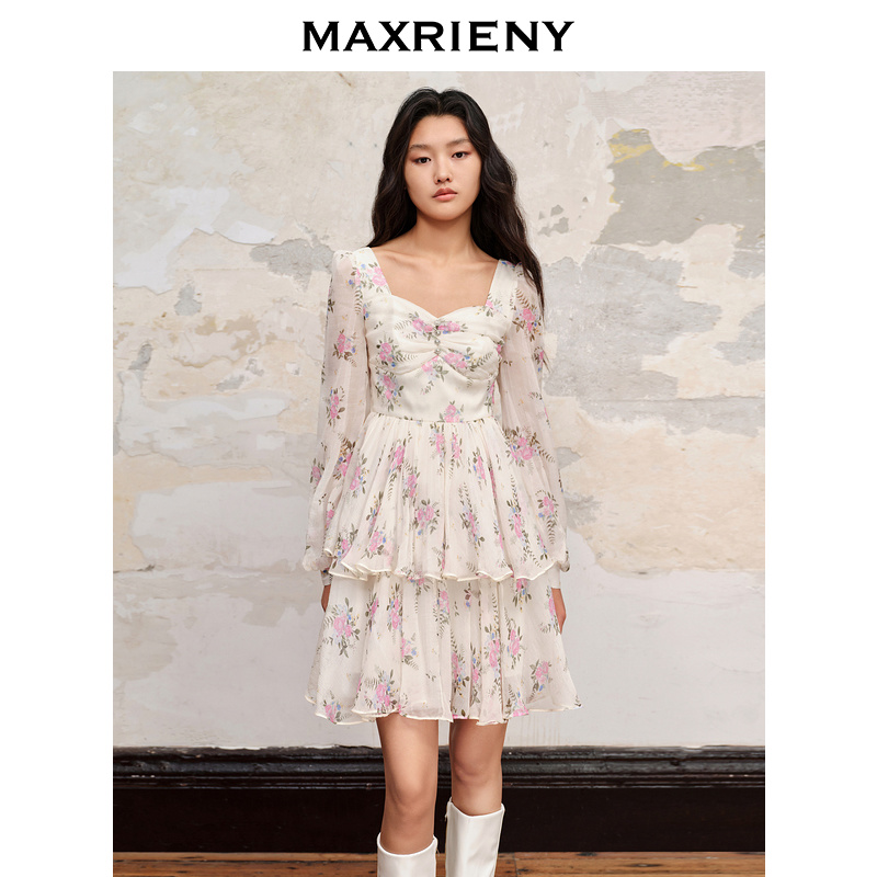 【达人专属】MAXRIENY浪漫感真丝碎花连衣裙桑蚕丝裙子