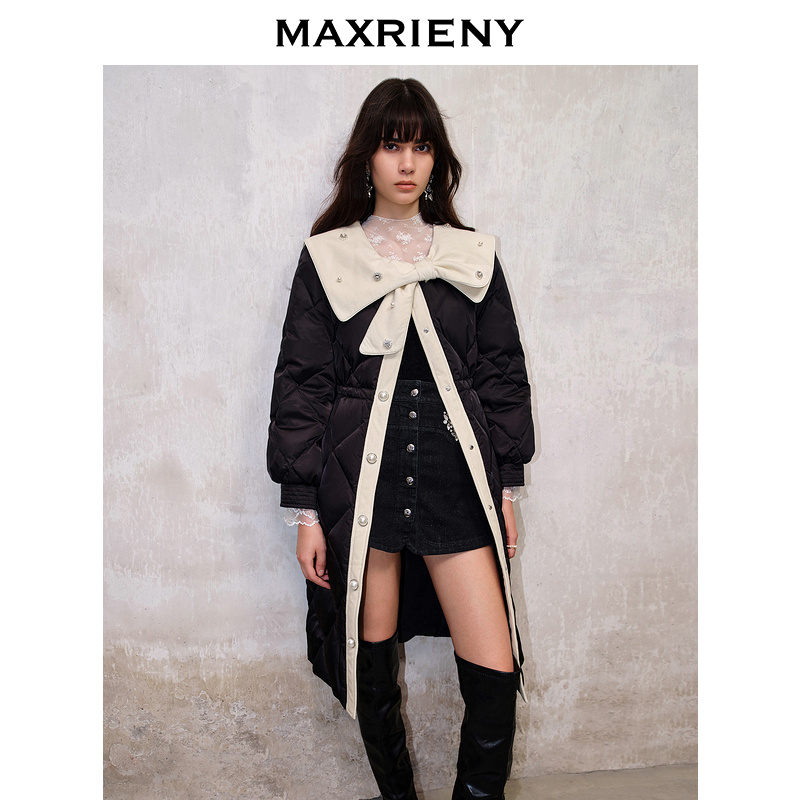 MAXRIENY名媛千金小香风羽绒服长款秋冬新款蝴蝶结拼接小香风外套