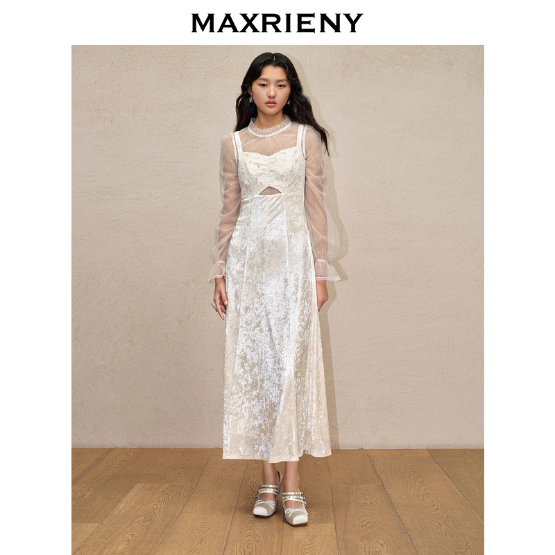【老板娘夏天】MAXRIENY精致感吊带蕾丝网纱拼接钻石绒连身裙