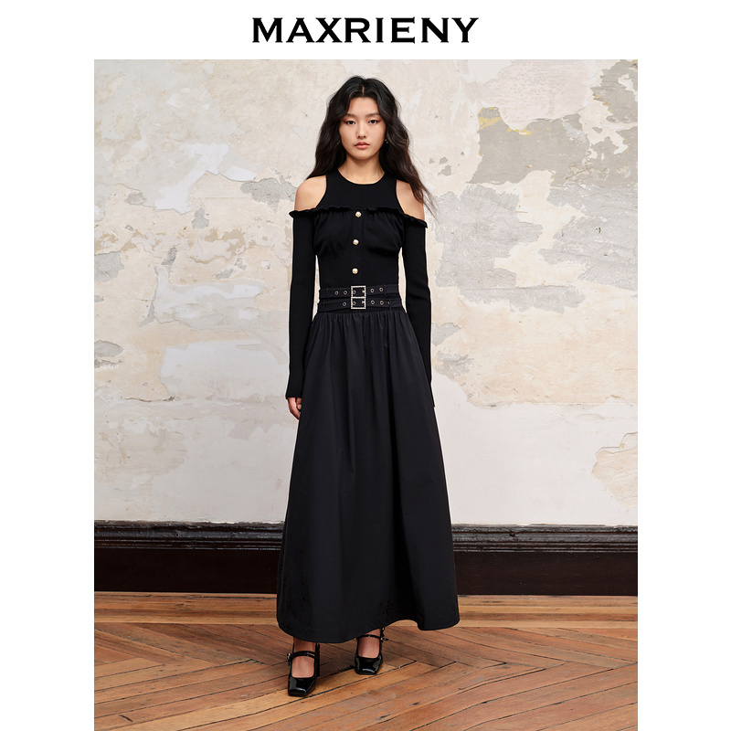 【芊芊专属】MAXRIENY高腰收腰露肩连衣裙秋裙女装轻奢黑色