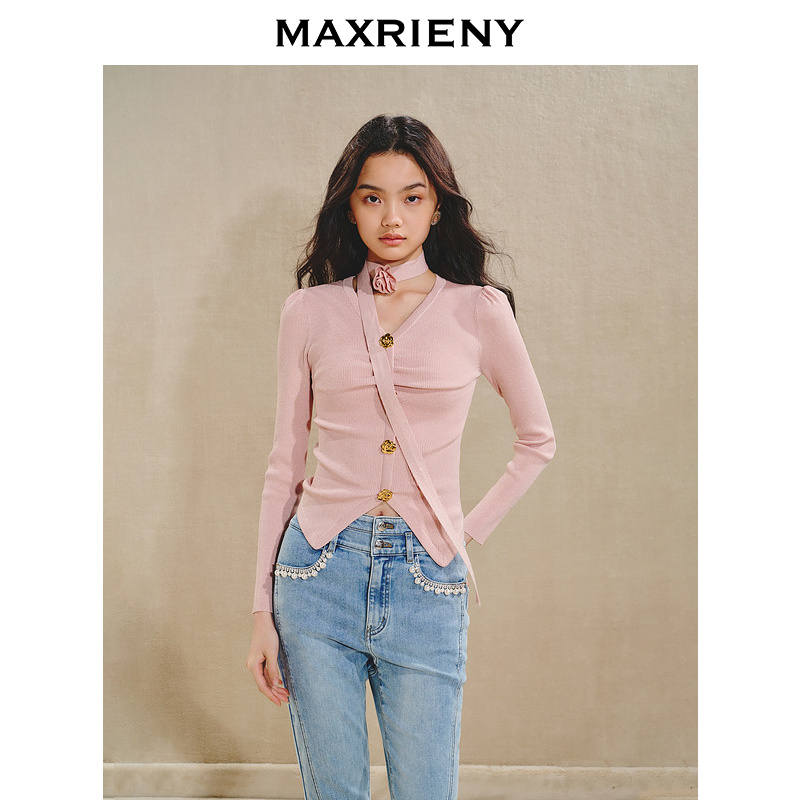 【商场同款】MAXRIENY优雅浪漫感套头针织立体玫瑰颈带毛衫V领