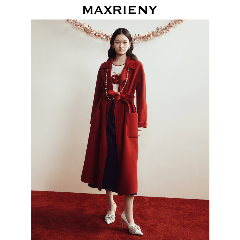 【商场同款新品】MAXRIENY新年红绵羊毛大衣复古优雅绑带毛呢外套冬