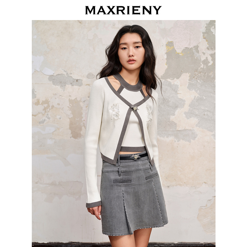 【商场同款新品】MAXRIENY国风新中式修身针织毛衫修身上衣格雷系穿