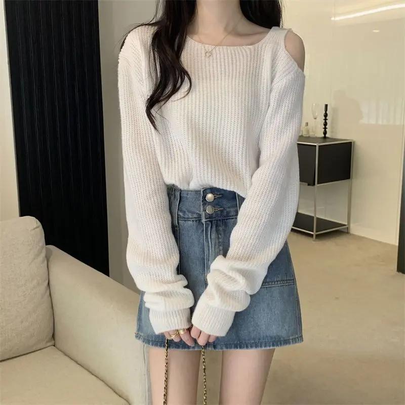 OD针织衫女秋冬韩系chic别致长袖露肩毛衣宽松百搭温柔风短款上衣