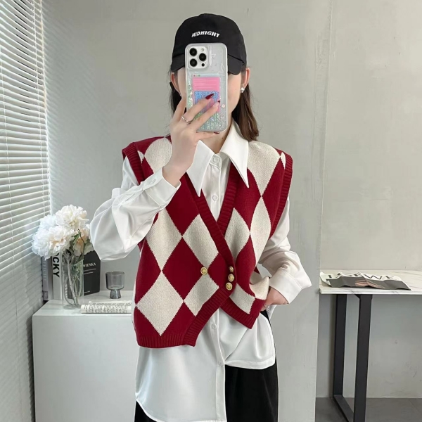 时尚气质菱格复古针织马甲+衬衫  S1230