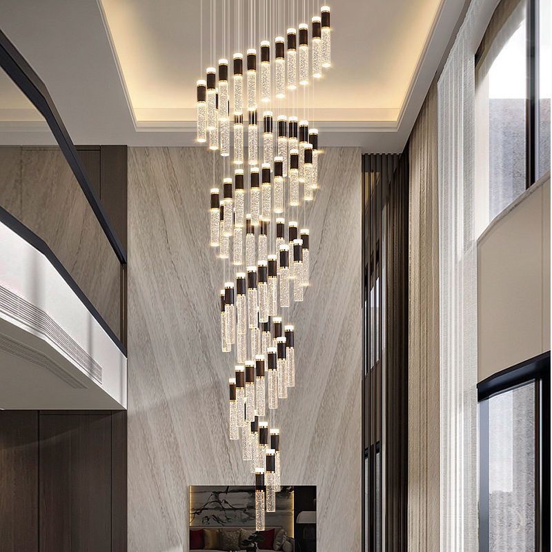 轻奢复式楼餐厅大吊灯水晶大气高档简约别墅旋转楼梯楼梯间楼梯灯