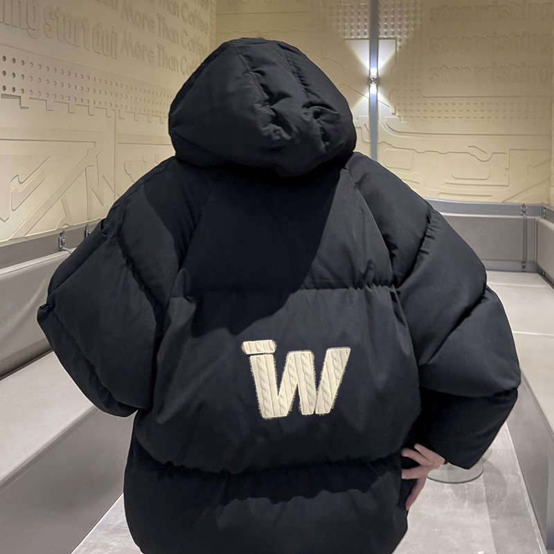 黑色简约棉衣男冬季字母印花连帽面包服潮流美式复古百搭棉服外套