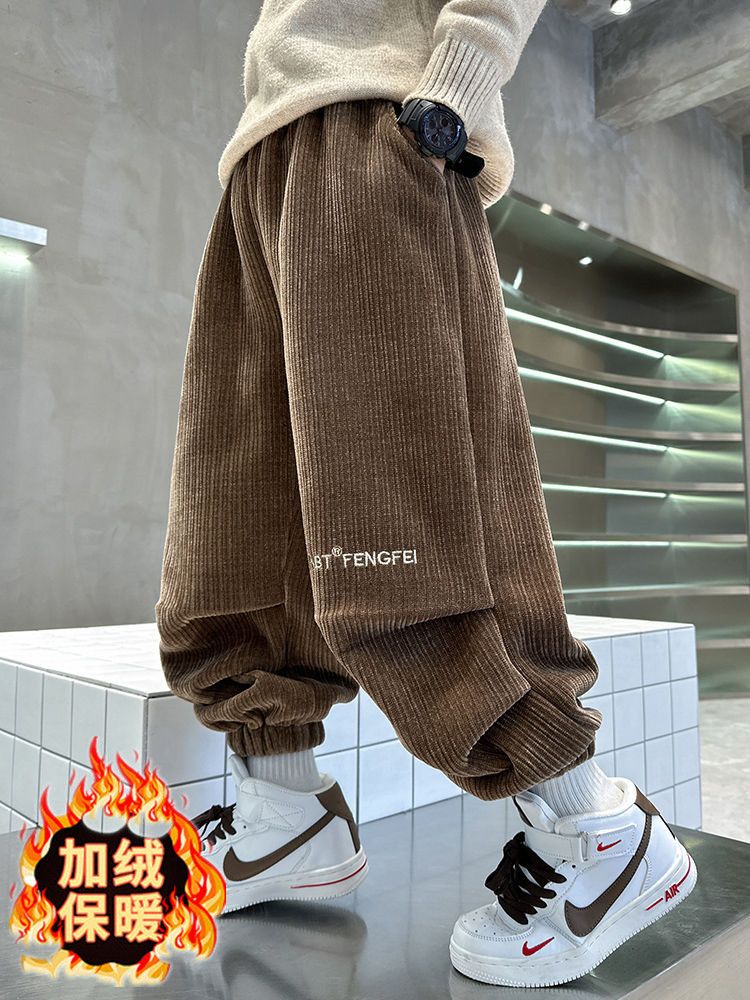 儿童装男童冬季加绒裤子2023新款中大童秋冬款灯芯绒加厚运动卫裤